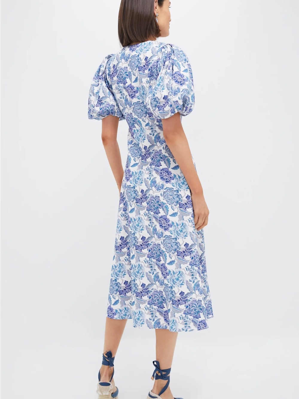 Blue Floral V-Neck Puff-Sleeve Midi Dress - Picture 3 of 5